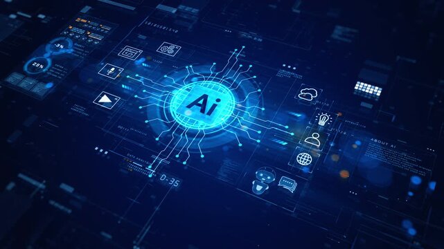 Futuristic AI interface with glowing circuit lines, data analytics graphics, and technology icons symbolizing machine learning, automation, digital innovation, and advanced computing processes.