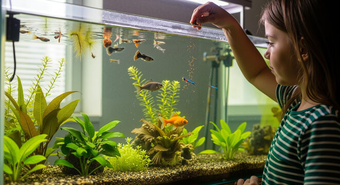 Girl feeding fish in a tank with colorful plants and decorations  