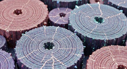 Array of textured circular objects with concentric rings radial cracks and shimmering crystalline edges