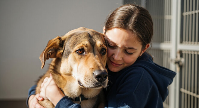 Girl hugging a large shelter dog with a warm smile indoors - Powered by Adobe