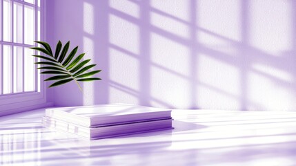 A single green palm leaf hovers above a stack of white books, illuminated by soft purple light and cast by window shadows.
