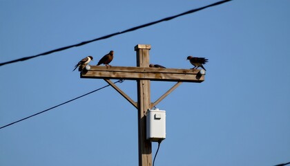 Obraz premium Peaceful Birds Resting Utility Line Under Blue Sky