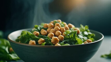 Steaming chickpea and green bowl, ideal burger accompaniment