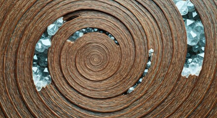 Closeup of a dark wooden spiral design with clear faceted crystals embedded in the grooves