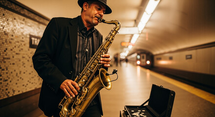 Fototapeta premium Busker playing saxophone in subway corridor during evening hours 