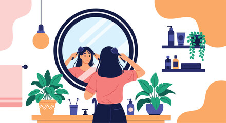 A young woman is standing in her stylish bathroom and brushing her long dark hair in front of a round mirror.