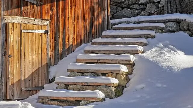 Rustic wooden structure with snow covered stone steps outdoors