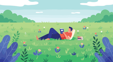 Fototapeta na wymiar A man is relaxing in a beautiful green meadow on a sunny day while reading a good book to escape and find tranquility.