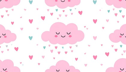 Cute Pink Clouds and Hearts Seamless Pattern for Baby Nursery Decor.