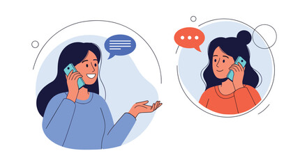 Two female friends are having a pleasant and engaging conversation with each other while talking on their mobile phones.