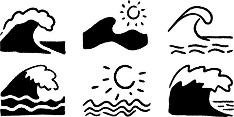 Fototapeta premium Set of wave illustrations in a black and white style. Features ocean elements with sun and water in a vector illustration for marine themes.