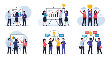 A collection of six vector illustrations showing business teams collaborating on projects presenting data and celebrating achievements.