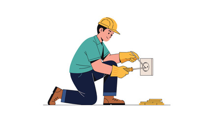 A professional male electrician wearing a hard hat and gloves is kneeling to install or repair a wall electrical socket.