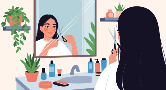 A young woman looking at her reflection in the bathroom mirror while confidently giving herself a haircut with scissors. - Powered by Adobe
