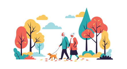 A happy elderly couple holding hands and walking their small dog through a beautiful park during the autumn season.