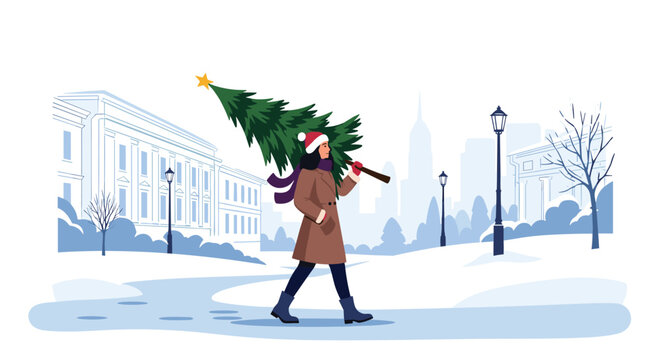 A woman in a winter coat and Santa hat is carrying a freshly cut Christmas tree home through a snowy city street. - Powered by Adobe