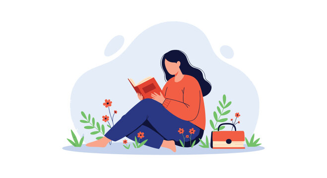 A young woman is sitting peacefully on the grass surrounded by flowers while enjoying reading a good book outdoors.