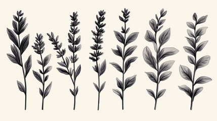 Collection of stylized botanical sprigs rendered in monochromatic tones against a pale background