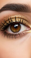 Close-up of a Brown Eye with Golden Glitter Eyeshadow.