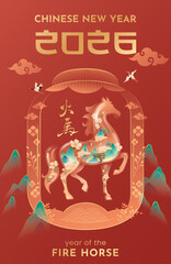 Chinese New Year 2026 Fire Horse Celebration with Red Lanterns and Golden Decorations. Translation : Happy Chinese New Year. 
