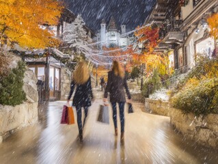 A magical snowy evening in a vibrant city square, families enjoy holiday shopping under twinkling lights.