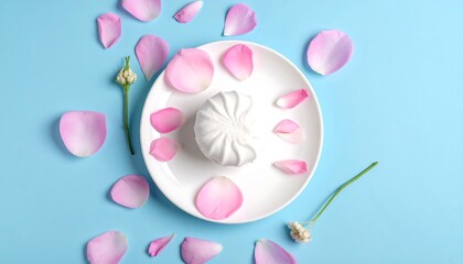 Delicate White Meringue on a Plate Surrounded by Pink Rose Petals.