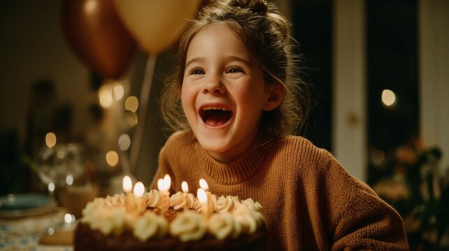 A young girl beams with happiness as she gazes at her birthday cake adorned with lit candles. Friends and family surround her, creating a warm and festive atmosphere