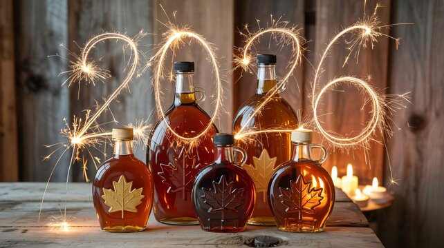 Maple syrup bottles and sparklers forming 2026 for new year celebration