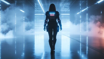 A futuristic operative advances toward a blinding wall of light inside a high-tech facility. Vapor drifts around her armor, creating a tense sci-fi atmosphere charged with energy and purpose.