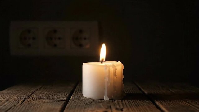A lit white candle with melting wax sits on a rustic wooden table in a dark room illuminating electrical sockets on the wall behind it