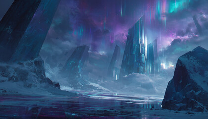 Enchanting aurora borealis over crystalline mountains and icy plains, perfect for fantasy book covers, game backgrounds, or futuristic concept art