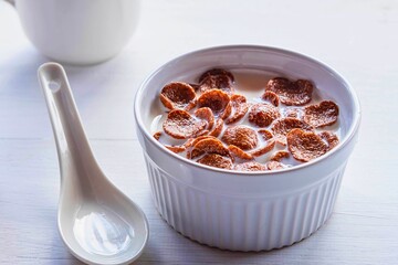 Bowl of cereal with milk and spoon
