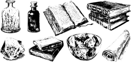 Antique engraving set: vintage books, bottles, and crystals, detailed black outline drawing showcasing historical objects, vector illustration.