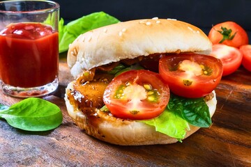 Delicious homemade burger with fresh tomatoes and ketchup