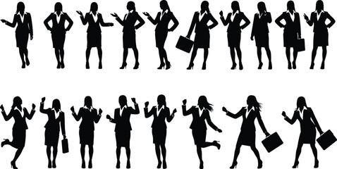 Businesswoman silhouette, professional female poses, office gestures, career woman, confident stance, dynamic movement, leadership role, workplace action, empowerment, attire