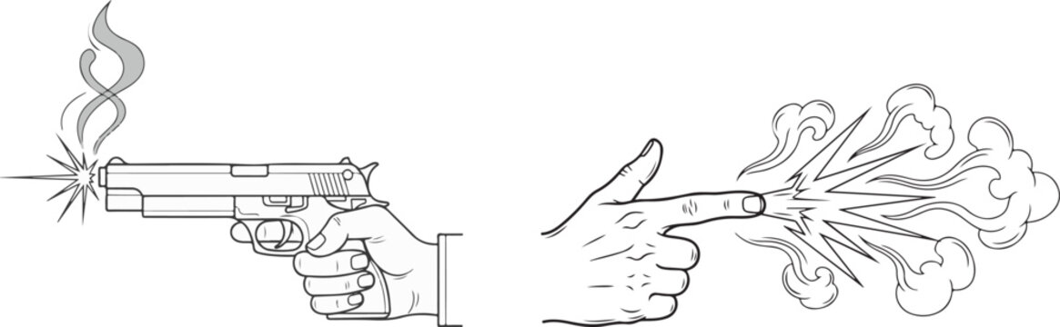 Line Art Illustration Comparing Real Pistol Shooting with Finger Gun Gesture