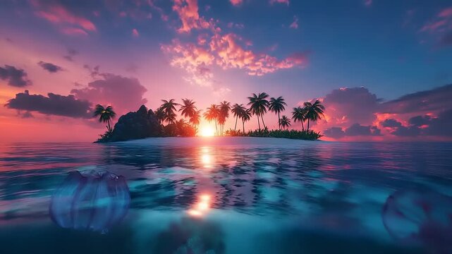 Tropical island paradise at vivid sunset with underwater view
