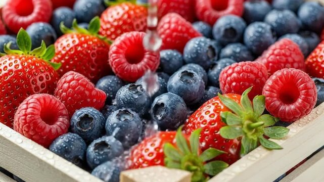 Fresh berry assortment with vibrant strawberries, raspberries, and blueberries in wooden crate