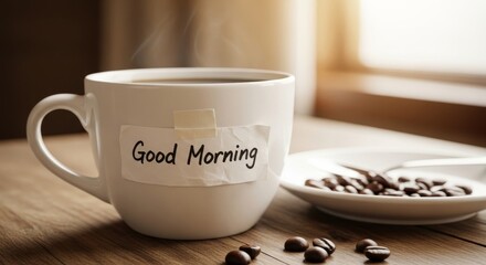 Good Morning Coffee Mug with Steam with Beans, and Sunlight.