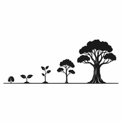 Illustration showing the growth stages of a tree, from seed to sapling to mature tree, in silhouette.