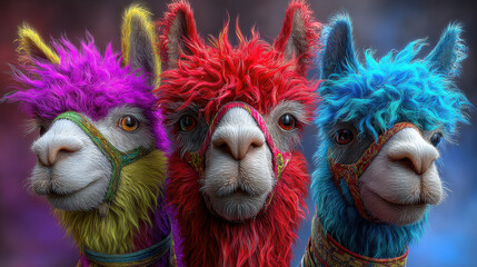 Obraz premium Drei bunte Alpakas mit flauschigem Fell – kreative Tierillustration 