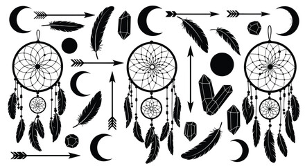 Bohemian dreamcatcher feather arrow and moon elements silhouette