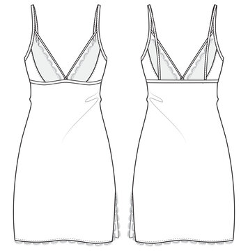 Satin Slip dress design flat sketch fashion illustration with front and back view, v neck Lace night dress cad drawing vector template