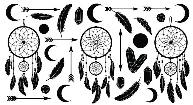 Bohemian dreamcatcher feather arrow and moon elements silhouette