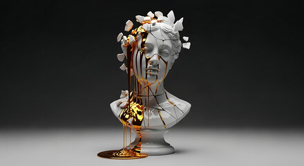 Marble Statue Head Melting into Liquid Gold