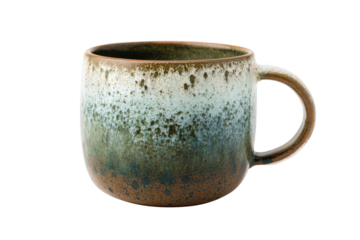 A single empty brown ceramic coffee mug with a handle is isolated on a white background, featuring a closeup of the old clay pottery object used for a hot tea beverage at breakfast