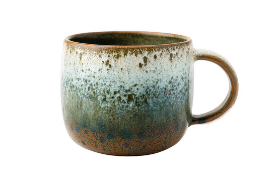 A single empty brown ceramic coffee mug with a handle is isolated on a white background, featuring a closeup of the old clay pottery object used for a hot tea beverage at breakfast