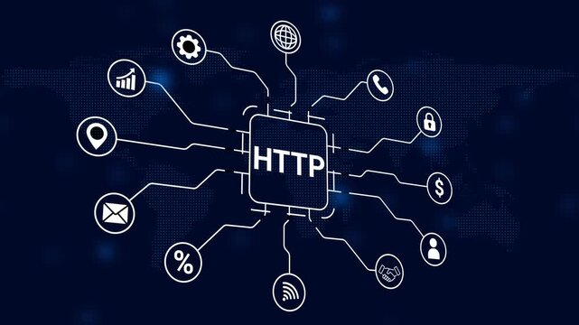 HTP protocol diagram with icons for web services and data exchange on a dark blue digital world map