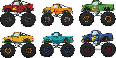 Cartoon monster trucks, colorful flame designs, kids vehicle illustration, playful transport art, oversized tires, fun racing cars, children’s truck clipart
