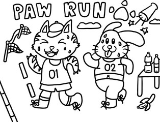 Hand drawn outline vector of PAW RUN competition with cat and bunny running, finish line, race flag, energy drinks on table, banana, dumbbell, water or energy drink, clear blue sky for colouring book